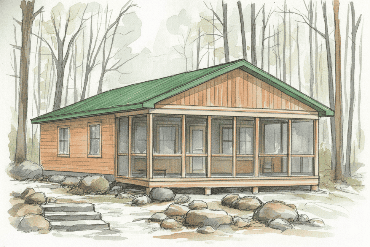 A cabin nestled among pine trees on the Canadian Shield, with morning mist rising from a nearby lake