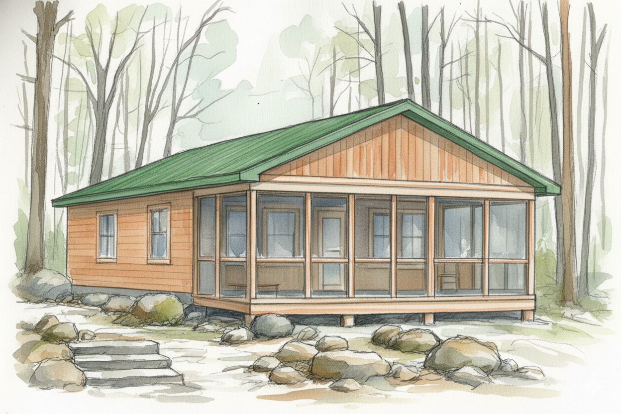 A cabin nestled among pine trees on the Canadian Shield, with morning mist rising from a nearby lake