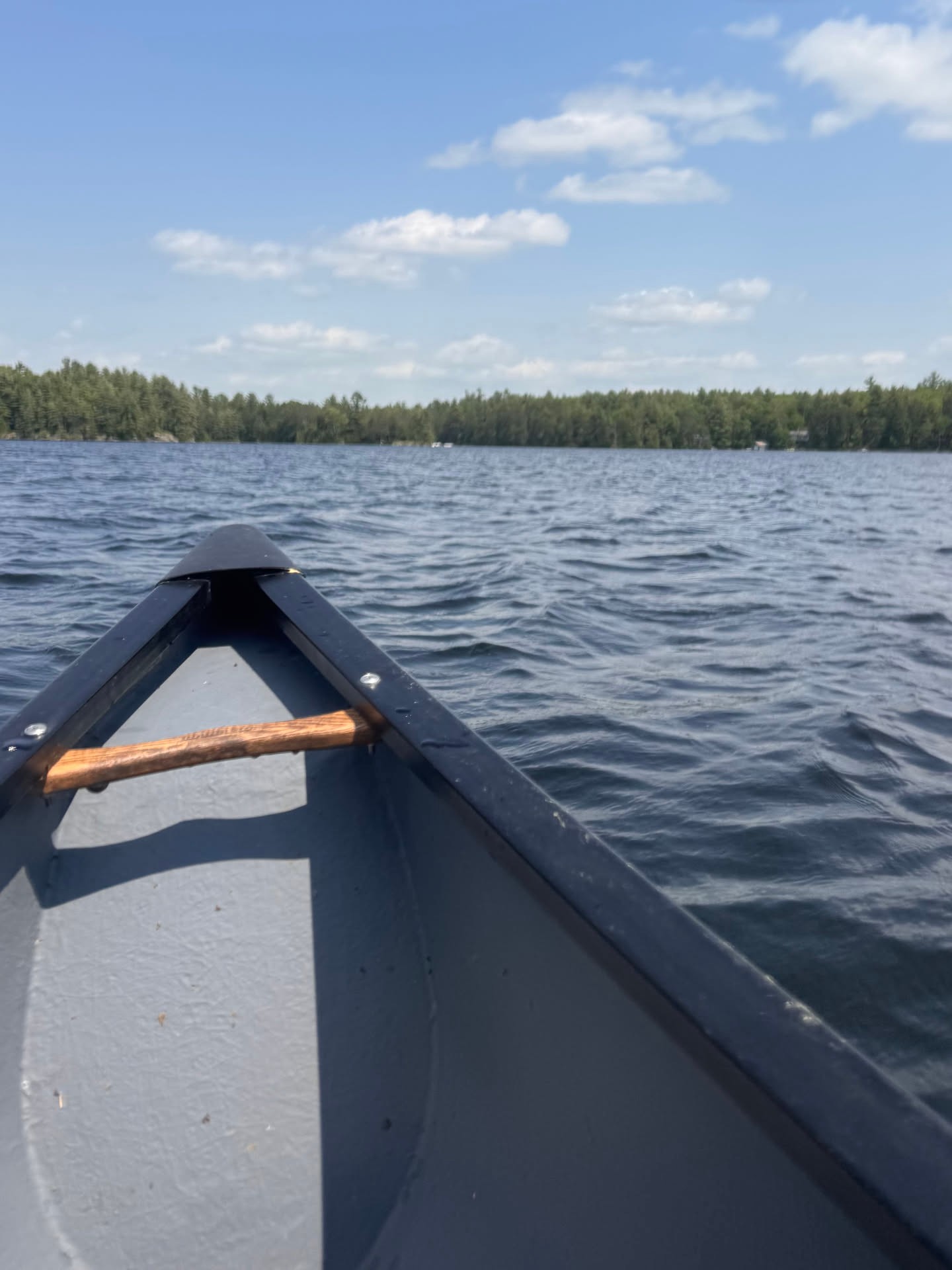 A look back at the canoe nose cutting across open water, with forest on the far shore and a sky full of soft summer clouds. Some days were j…