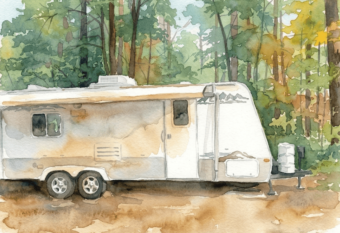 A camper parked among trees on the property