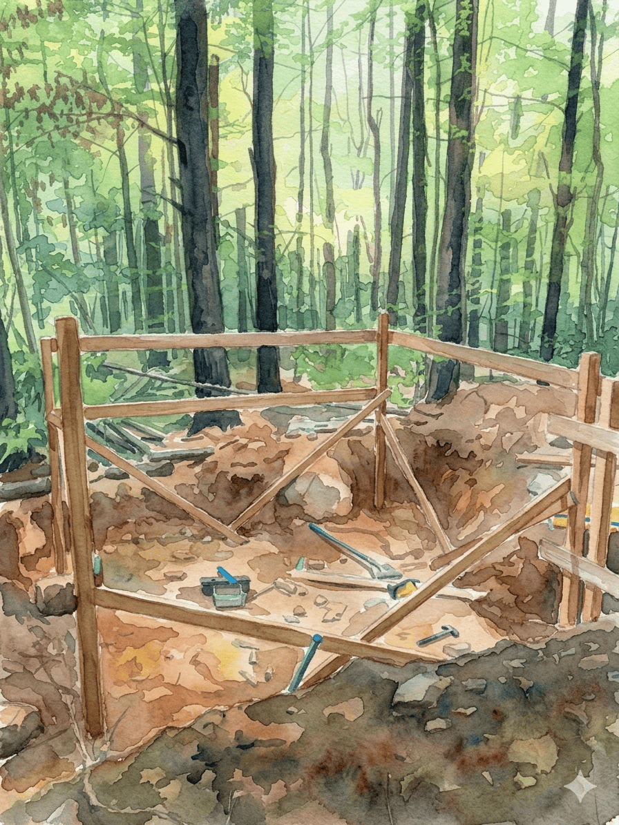 A shallow excavated hole for the greywater septic system with posts set in place