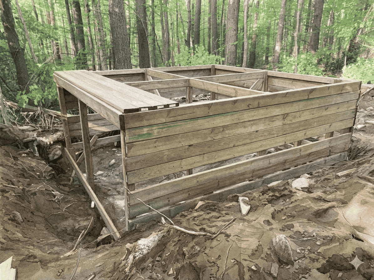 A partially built wooden greywater septic box on the property