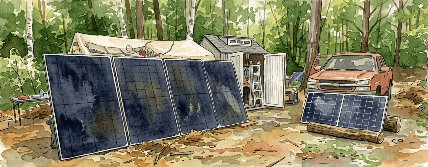 Solar panels and cabin in a watercolour style