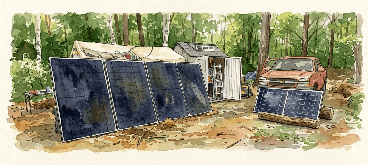 Solar panels and cabin in a watercolour style