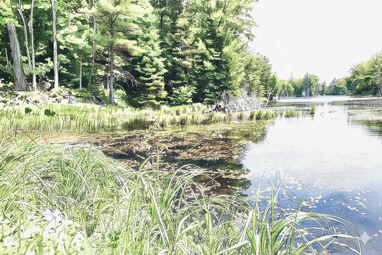 The untouched land featuring lush green forests and a large pond